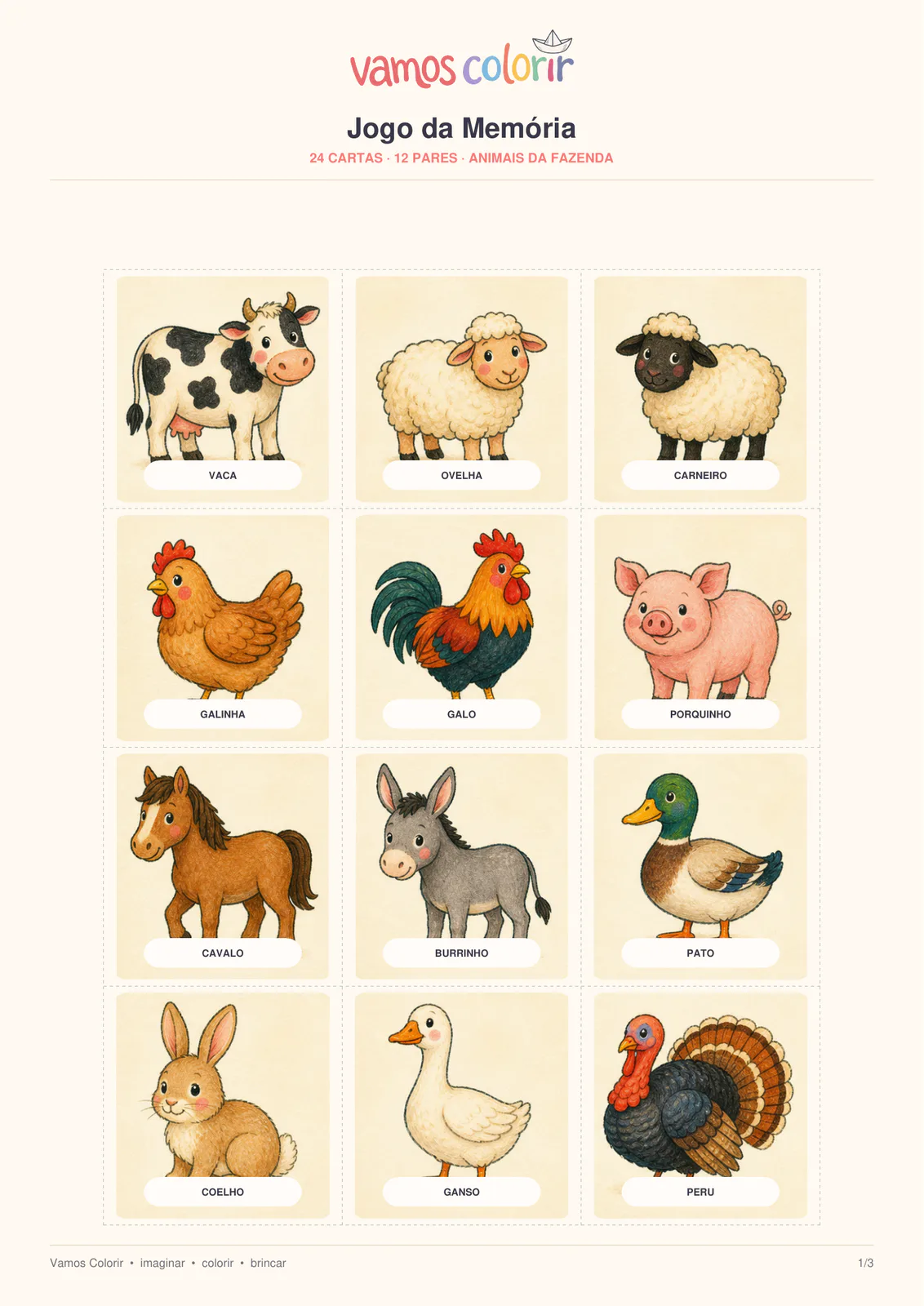 Jogo da Memória Animais da Fazenda para imprimir