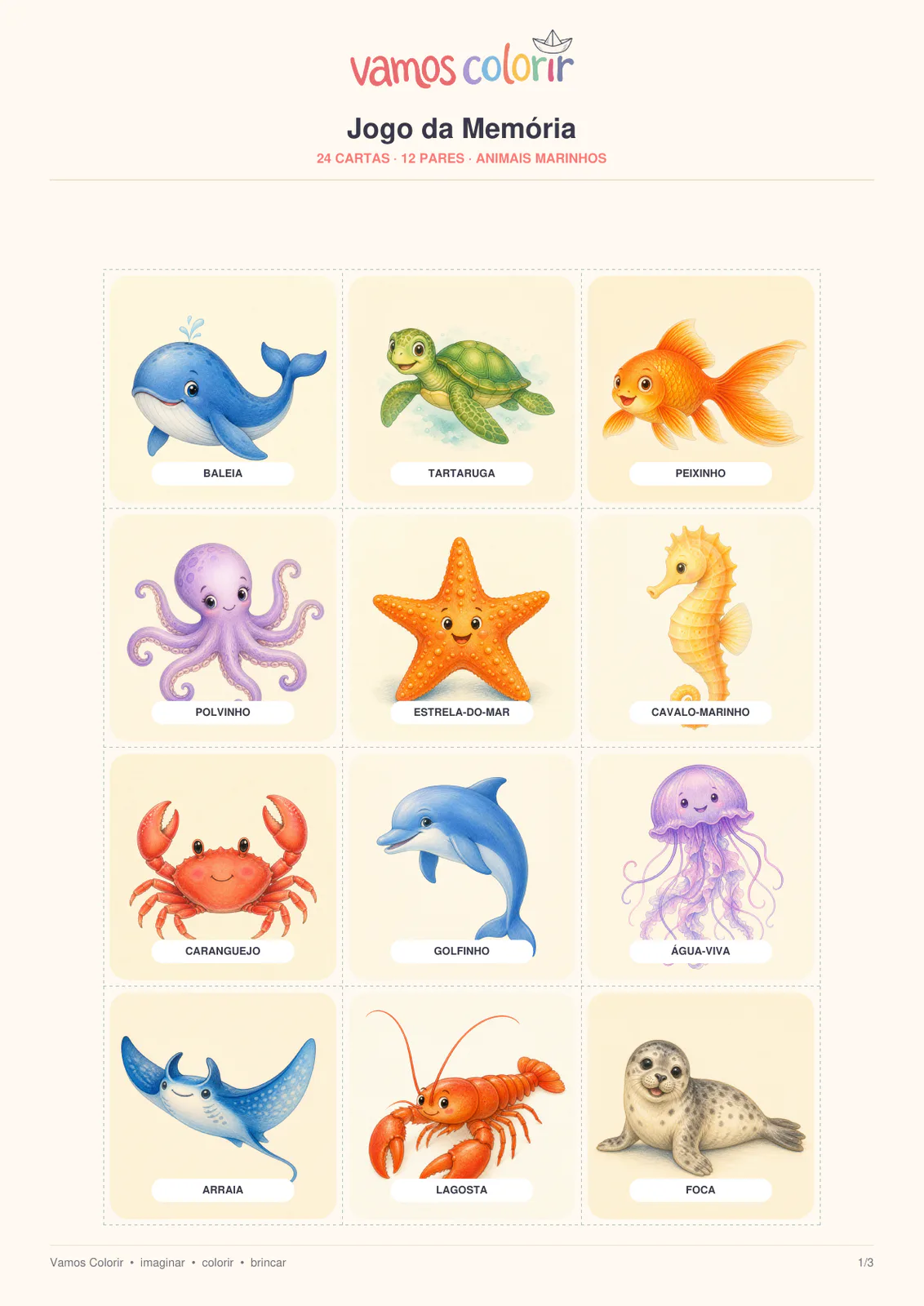 Jogo da Memória Animais Marinhos para imprimir