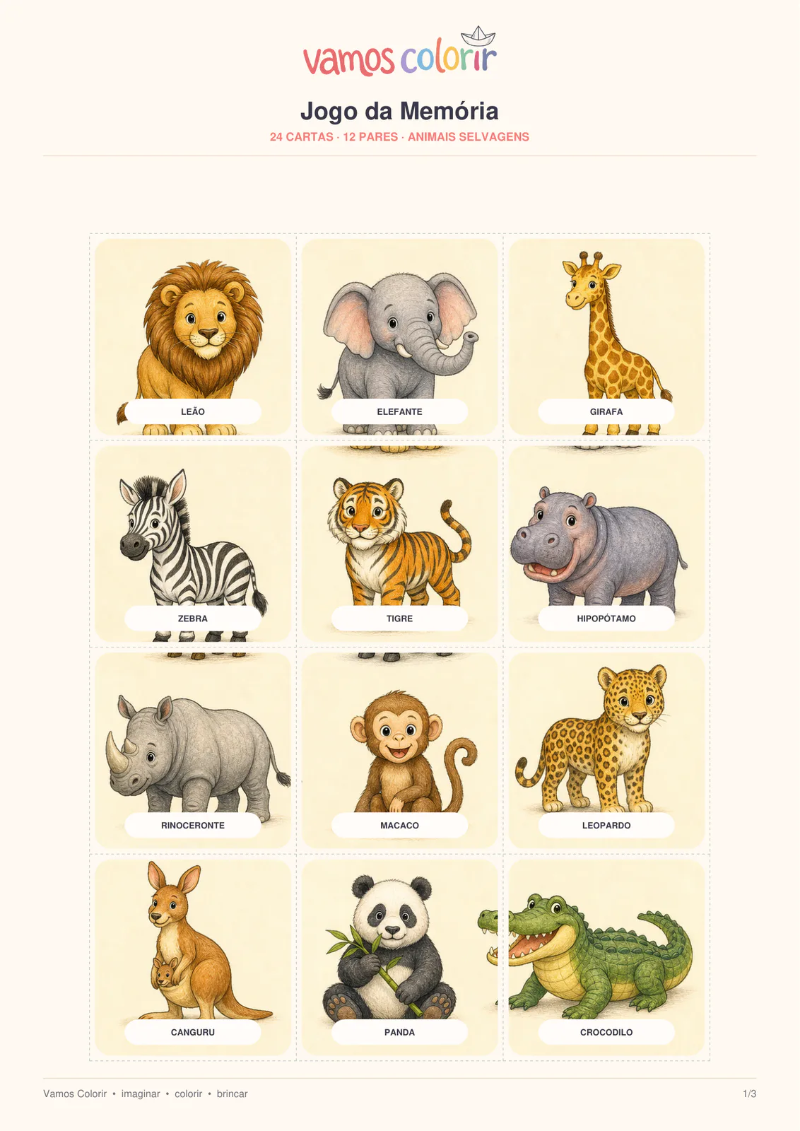 Jogo da Memória Animais Selvagens para imprimir