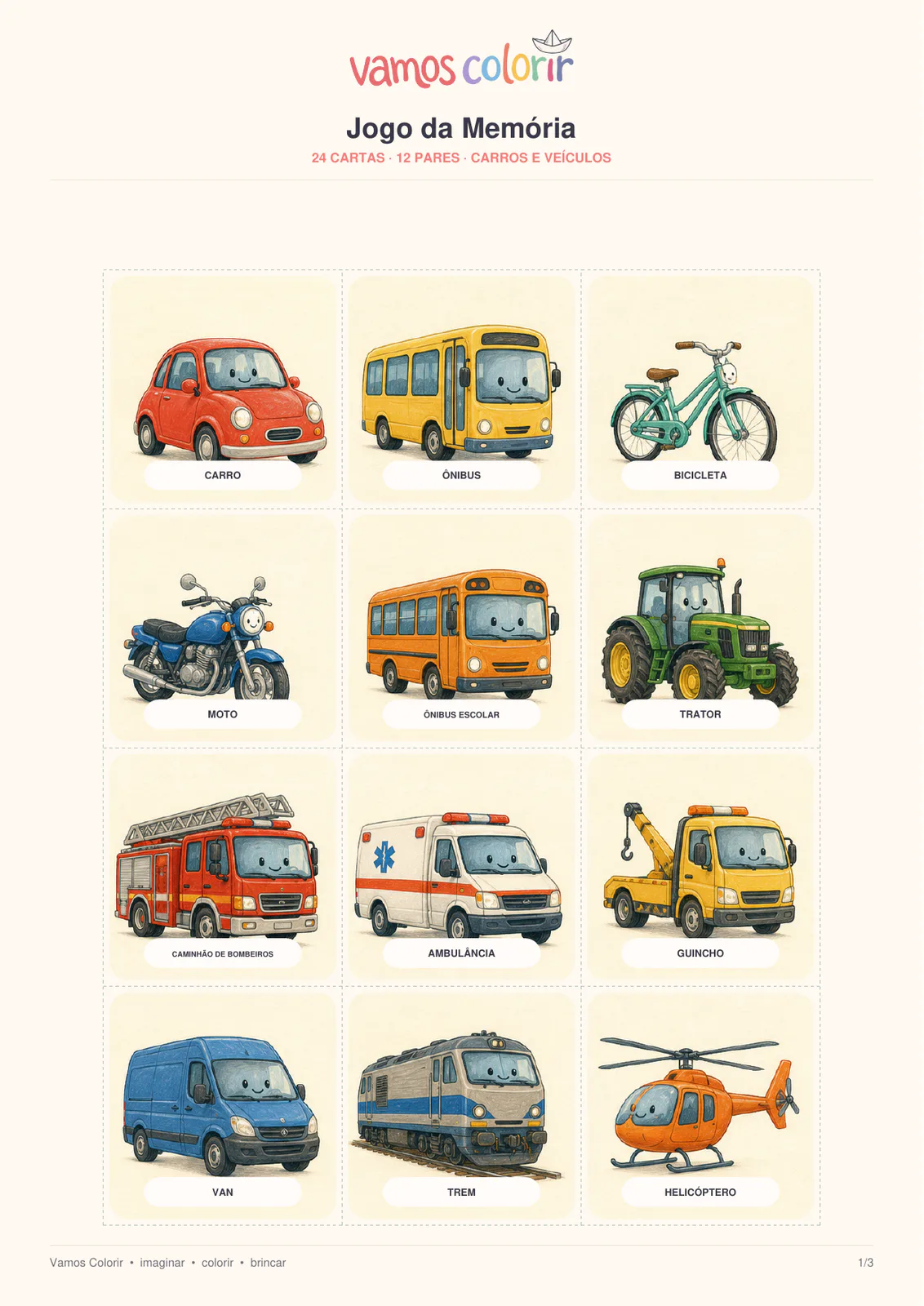 Jogo da Memória Carros & Veículos para imprimir